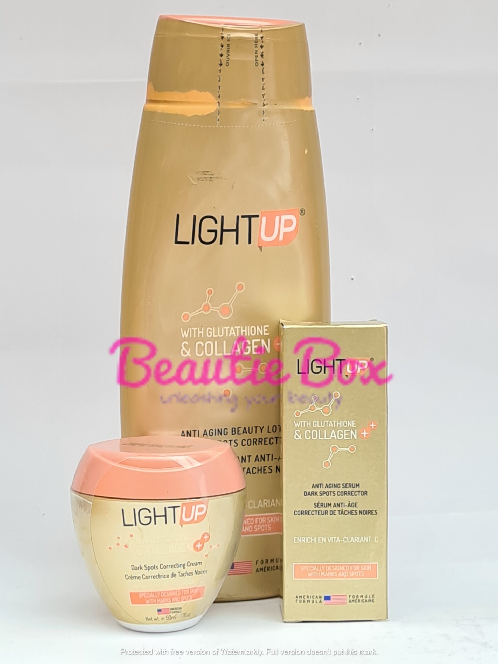 Light Up Face Cream Serum And Body Lotion 3pcs Set Beautie Box 