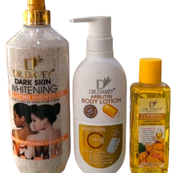Dr Davey Arbutin Whitening Shower Gel, Vitamin C Body Lotion and turmeric oil