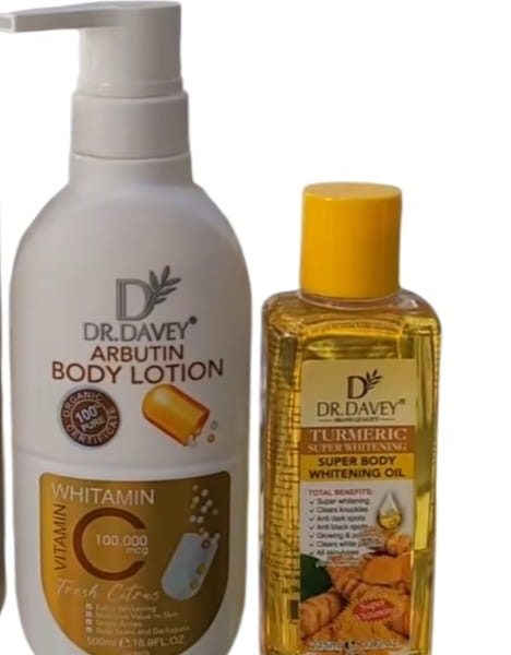 Dr Davey Arbutin and Vitamin C Fresh Citrus Body Lotion and turmeric oil