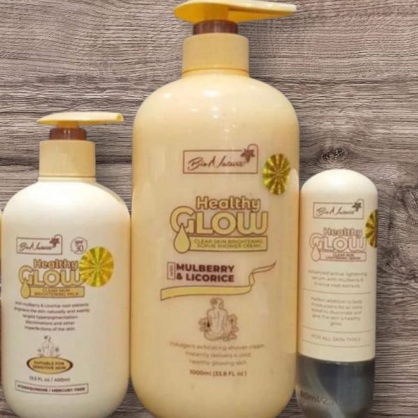 Bionature Healthy Glow Clear Skin Brightening Scrub Shower Cream, Body Milk and Serum