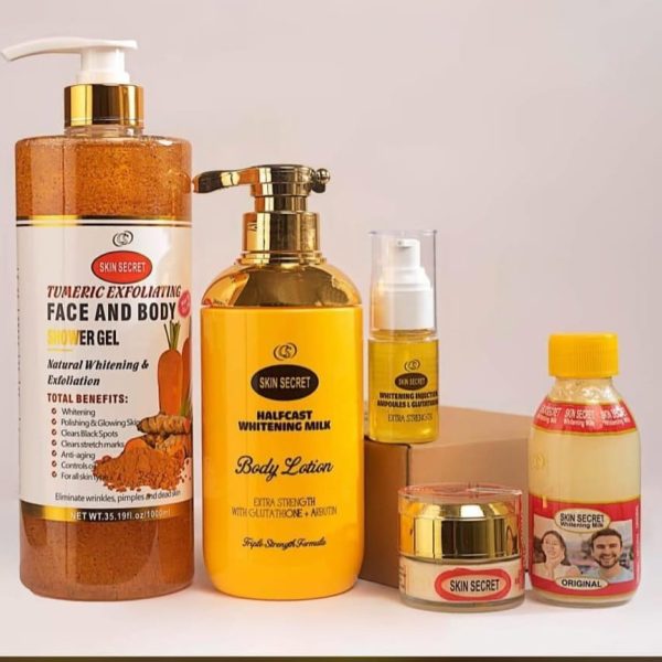 SKIN SECRET EXFOLIATING SHOWER GEL, BODY MILK, SERUM AND FACE CREAM
