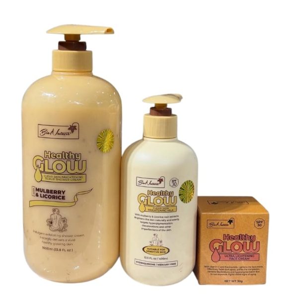 Bionature Healthy Glow Clear Skin Brightening Scrub Shower Cream, Body Milk and Face Cream