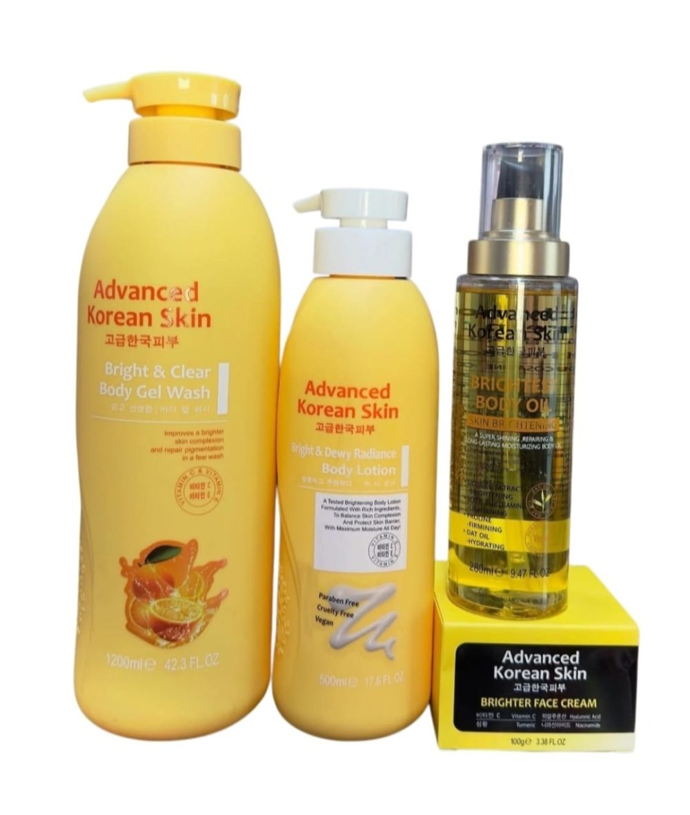 Advanced korean Skin Bright And Clear Body Gel Wash, Bright And Dewy Radiance Body Lotion, Brightest Body Oil And, Brighter Face Cream Set