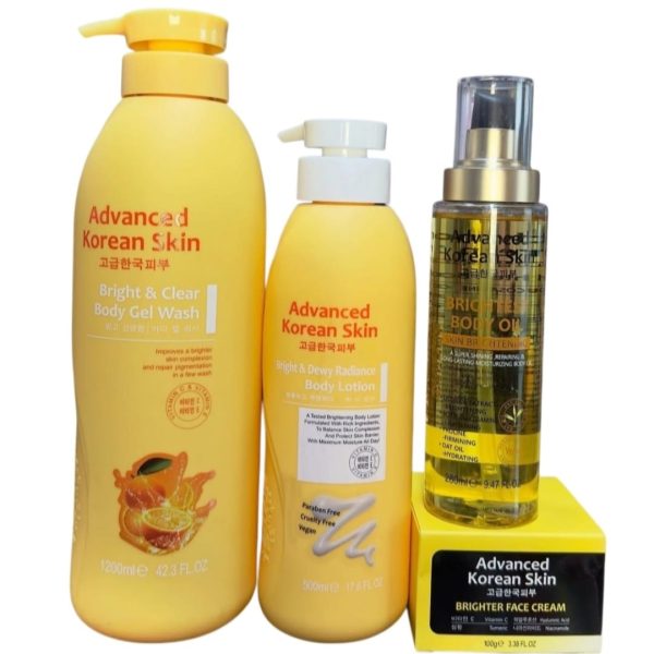 Advanced korean Skin Bright And Clear Body Gel Wash, Bright And Dewy Radiance Body Lotion, Brightest Body Oil And, Brighter Face Cream Set