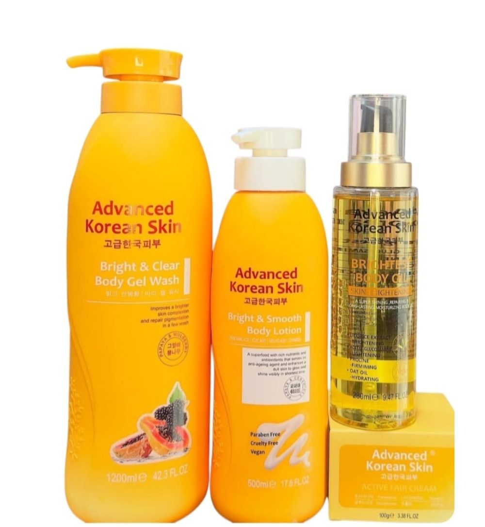 Advanced korean Skin Bright And Clear Body Gel Wash, Bright And Smooth Body Lotion, Brightest Body Oil And, Active fair Cream Set