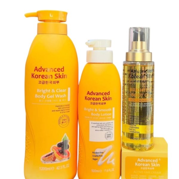 Advanced korean Skin Bright And Clear Body Gel Wash, Bright And Smooth Body Lotion, Brightest Body Oil And, Active fair Cream Set