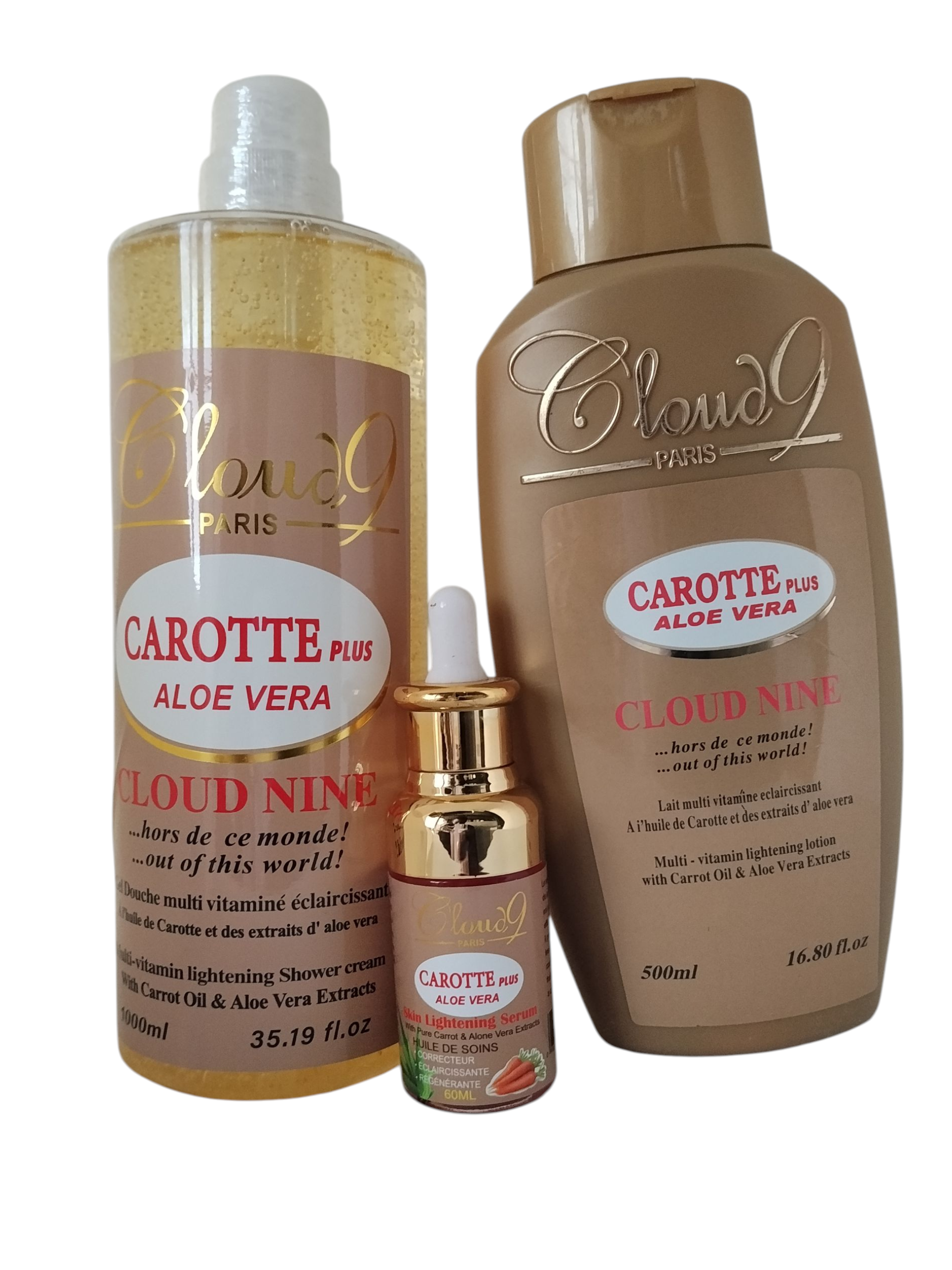Cloud 9 Carotte Plus Aloe Vera Shower Cream, Multi Vitamin Lotion, And Skin Lightening Serum