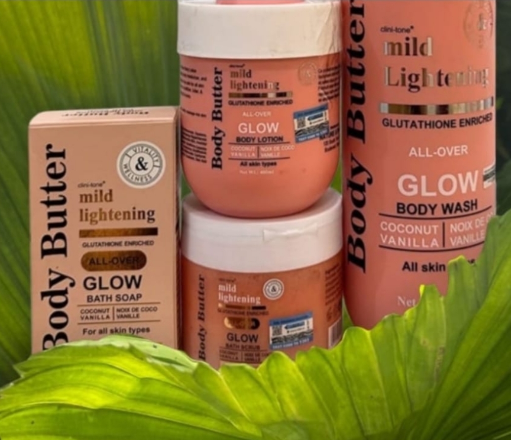 Body Butter Mild Lightening Glow Body Wash, Lotion, Scrub AND Bath Soap