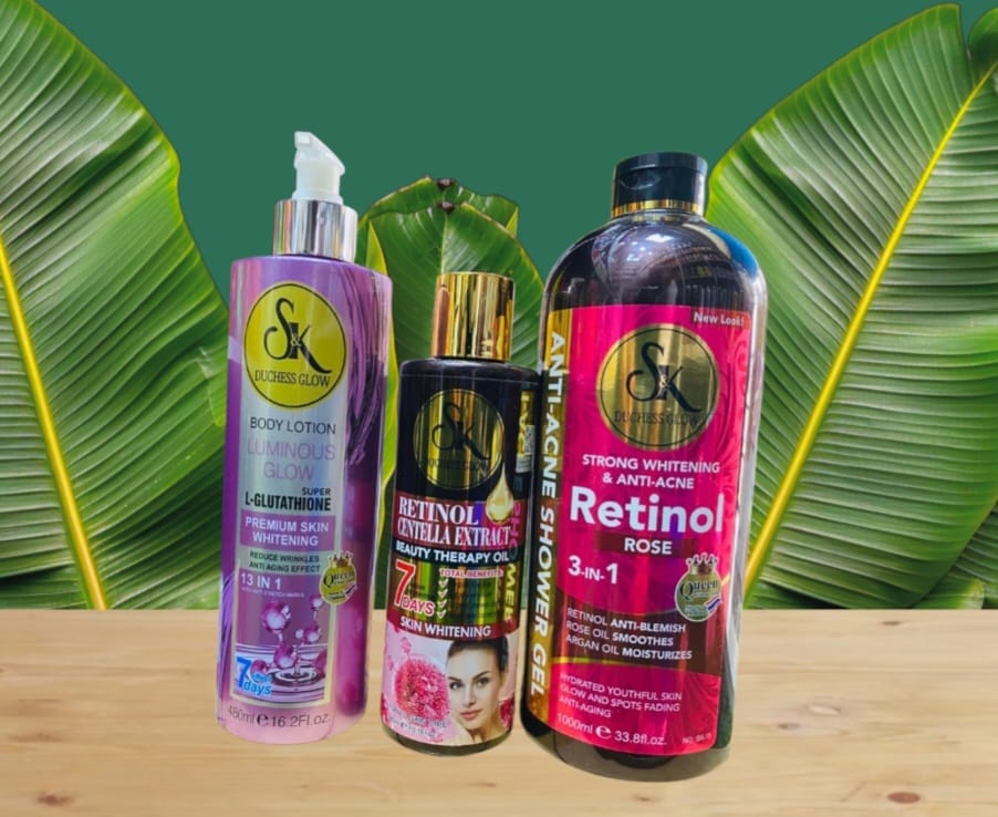 SK DUCHESS Retinol Rose Shower Gel, Retinol Centella Oil AND L - Glutathione Lotion Set