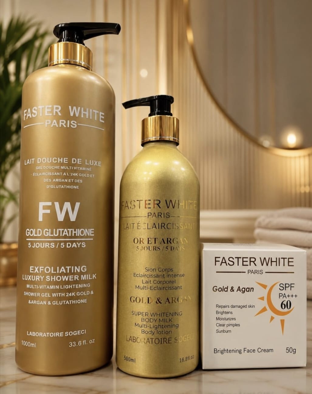 FASTER WHITE Gold & Argan Shower Gel Body Lotion And Face Cream